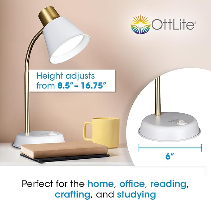 OttLite Beam LED Desk Lamp, Metal Construction in White and Gold, Flexible Neck, Book Light, Table Lamp, Reading Light, Work, Desk Lights for Home Office or Bedside