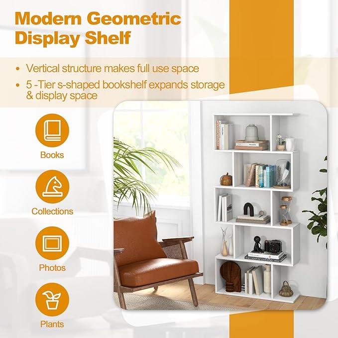 Tangkula 5-Tier Geometric Bookshelf, S Shaped Bookcase w/Anti-Toppling Device, Freestanding Room Divider, Industrial Home Office Decor Wood Open Storage Display Shelf for Living Room (2, White)