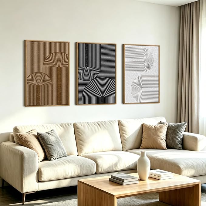 BINCUE Extra Large Abstract Wall Art Framed,Dark Modern Neutral Wall Art Canvas,Boho Artwork Minimalist,Black Brown White Geometric Line Painting for Home Living Room Bedroom 24x36 Inches Set of 3