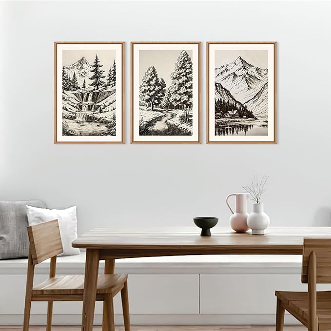 HOURIA Vintage Sketch Pine Tree Mountain Framed Canvas Wall Art Set,Moody Retro Antique Wilderness Botanical Ridge Decor,Modern Natural Black White Artwork for Living Room,Bedroom,Farmhouse- 24"x36"x3