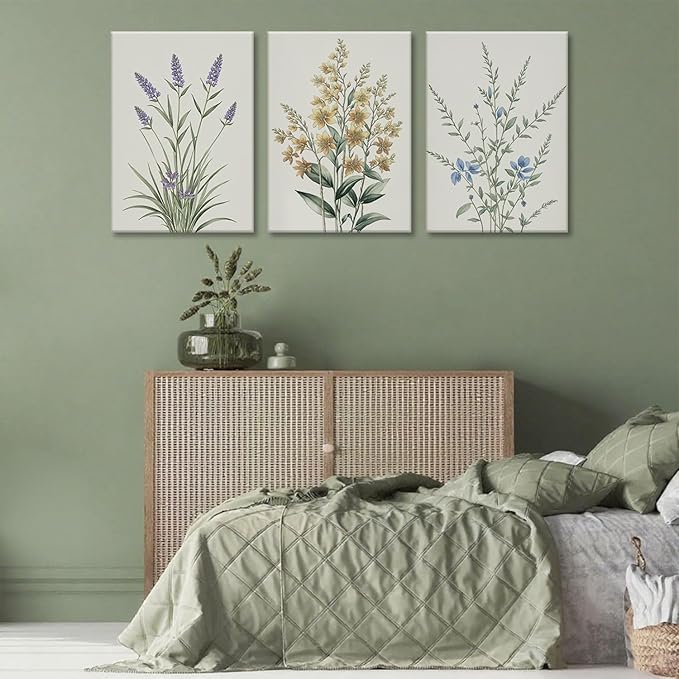 TUEASKY 3 Piece Canvas Wall Art Wildflower Wall Decor Botanical Pictures Floral Paintings Watercolor Prints Minimalist Artwork for Bedroom Bathroom Living Room