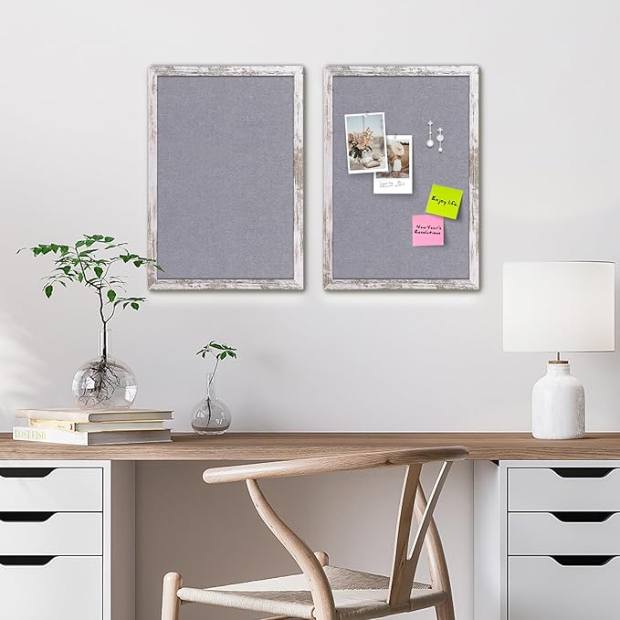 Gray Felt Bulletin Board, 23.6x15.7 inches Decorative Hanging Bulletin Boards for Walls with White Rustic Wood Frame, Pin Board Vision Board for Office Home School with Pins (4060,WH,1pc)