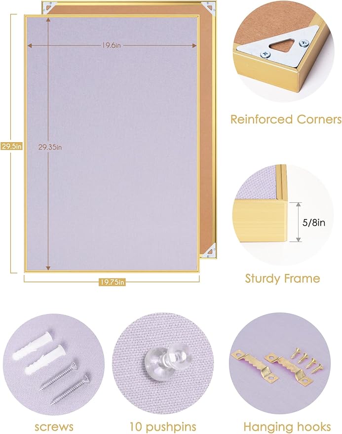 Bulletin Board 30 x 20 inches, Light Lavender Pin Board, Golden Aluminum Framed Fabric Cork Board with 10 Push Pins