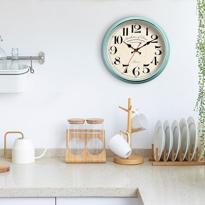 Countryside Wall Clock Metal 12.4" Vintage Retro Wall Clocks Silent Non Ticking Easy to Read for Living Room, Kitchen, Bedroom, Office, Bar(12.4" Turquoise)