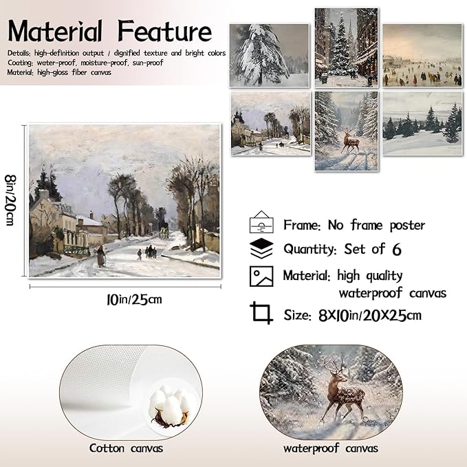 Hwetui Vintage Christmas Canvas Wall Art Poster Set of 6, Winter Tree Reindeer Pictures Wall Decor, Forest Snowy Landscape Paintings Prints Artwork for Home Living Room Bedroom 8×10 inch Unframed