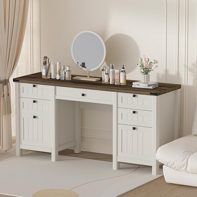 Executive Desk, Modern Farmhouse Computer Desk with Drawers & Cabinet, Home Office Desk for Work Study Writing Workspace (Antique White, 62")