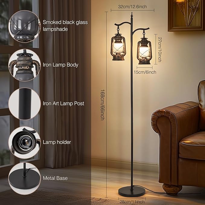 3-Way Lighting Dual Head Farmhouse Floor Lamp, Heavy-Duty Metal Farmhouse Design with Rock-Solid Base, Vintage Standing Lamp for Living Room, Bedroom - Rustic Black Brown Finish