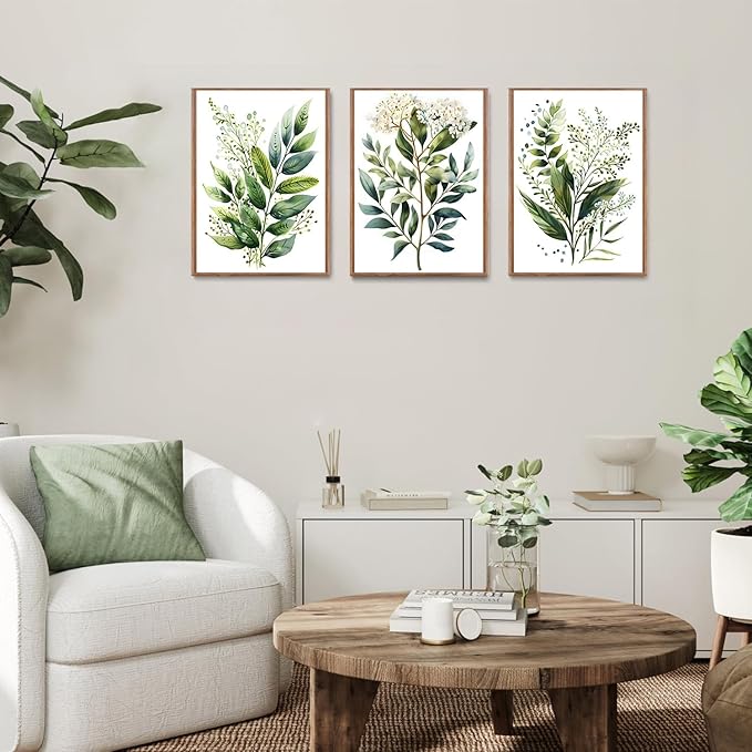 Bwodke Botanical Wall Art Plant Floral Watercolor Poster Canvas Prints Set of 3 Framed Sage Green Painting Eucalyptus Leaf Picture Modern Minimalist Home Decor Bedroom Bathroom Living Room 16"x24"