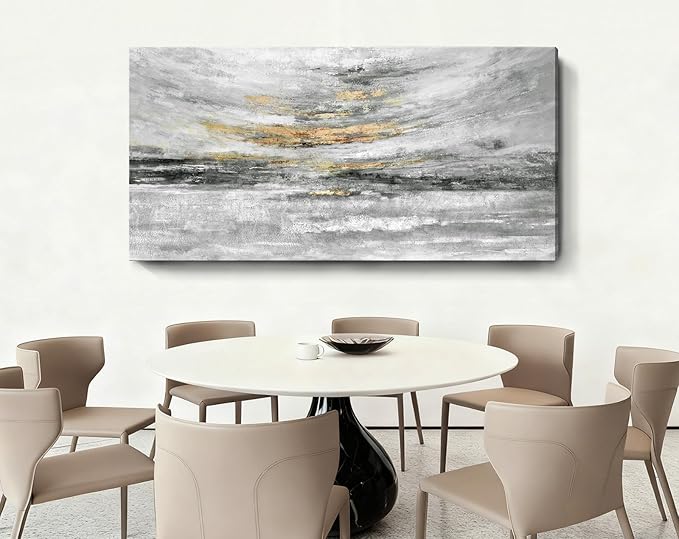 Nicetop 58x29" Modern Minimalist Black & White Abstract Coastal Wall Art with Metallic Gold Accents – Gallery Wrapped Abstract Ocean Waves & Clouds Canvas Art, Ready to Hang for Living Room Wall Decor, Bedroom Wall Art & Office Wall Decor