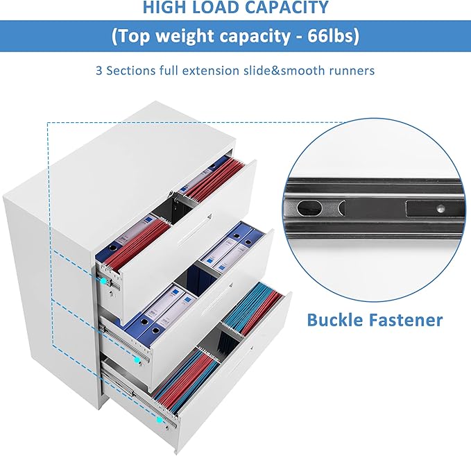 Lateral File Cabinet, 3 Drawers Metal Lockable Filing Cabinet for Commercial Grade Office Legal and Letter File (White)