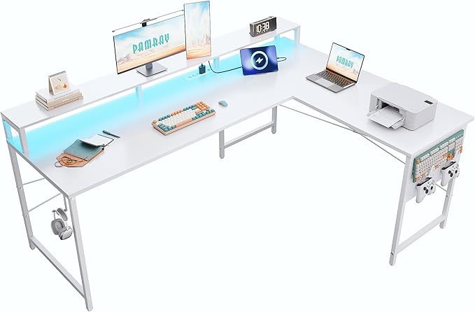 Pamray 64 Inch L Shaped Gaming Desk with Power Outlets and Led Lights, Large Corner Computer Desk with Monitor Stand and Pegboard, PC Table for Home Office and Bedroom White
