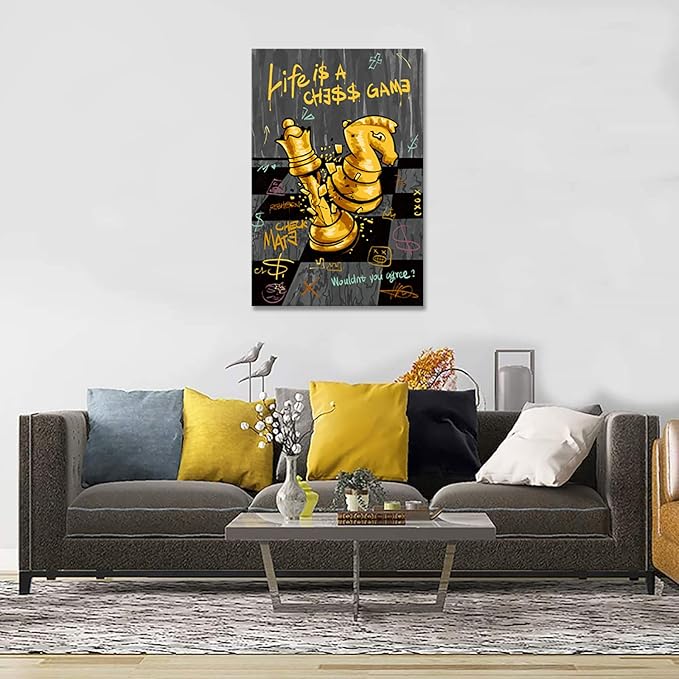 Office Wall Art - Black Gold Chess Picture LIFE IS A CHESS GAME Canvas Print Inspirational Wall Decor Motivational Poster Entrepreneur Artwork Modern Home Decoration, Ready to Hang 24 x 36 in Framed