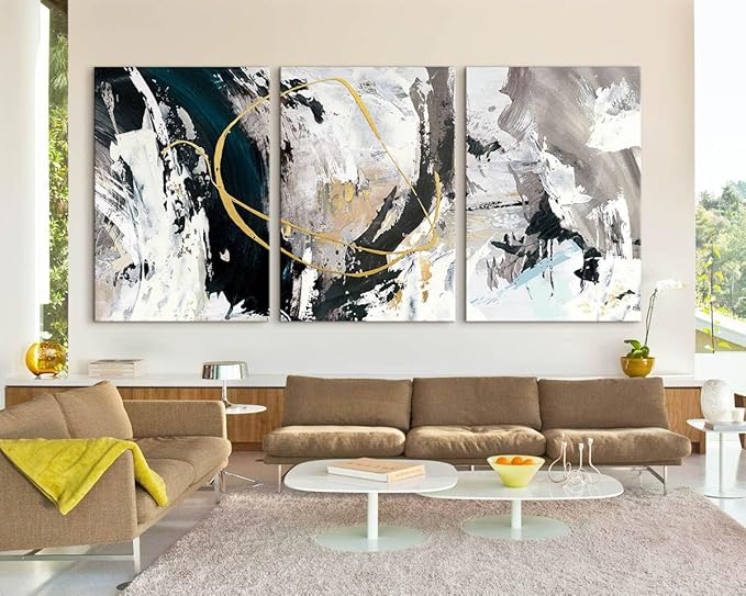 GIFTTWART Oversized Abstract Wall Art – Black White and Gold Canvas Painting with Textured Look for Living Room or Office Decoration