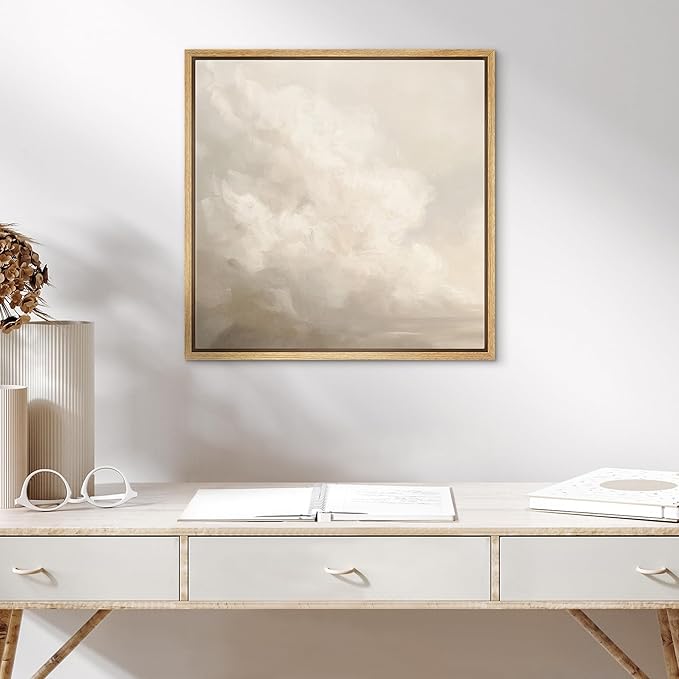SIGNWIN Framed Canvas Print Wall Art Cloudy Sky Neutral Soft Beige Atmospheric Landscape Illustration Modern Art Decorative Nordic Minimal Calm/Zen for Living Room, Bedroom, Office - 24"x24" Natural