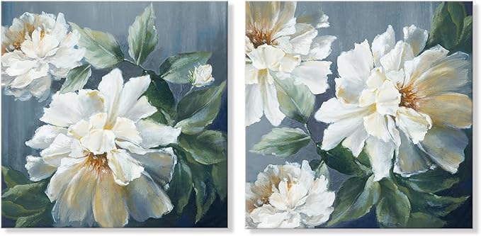 SEVEN WALL ARTS White Flower Canvas Wall Art Blooming Floral Painting Abstract Flowers Navy Blue Pictures Modern Artwork for Living Room Bedroom Bathroom 24"x24"