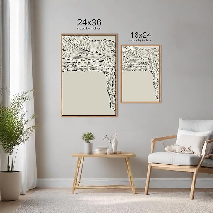 HLNIUC Neutral Abstract Framed Canvas Wall Art Set, Black Beige Wave Line Wall Decor, Large Minimalist Painting, Modern Geometric Art Print for Living Room, Bedroom, Dinning Room, Office - 24"x36"x3