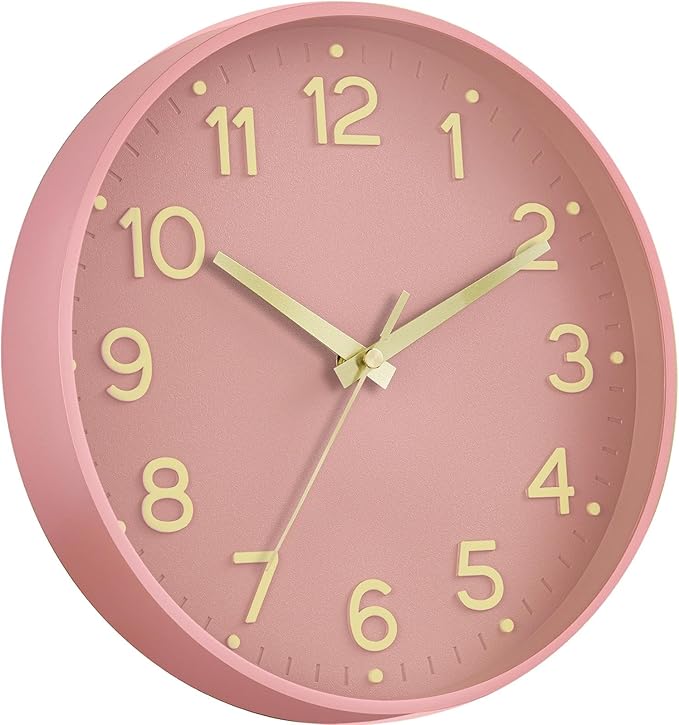 Wall Clock 12 Inch Silent Wall Clocks Battery Operated-Modern Non Ticking Analog Clock Decorative for Kitchen Bedroom Office (Pink Gold)
