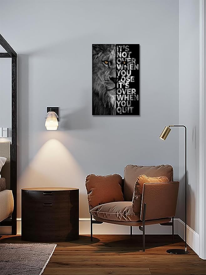 Lion Head Prints Canvas Inspirational Wall Art Black and White Animals Poster Motivational Quote Picture for Office Decor Framed Ready to Hang 24x36inches