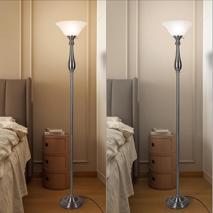 Torchiere Floor Lamps for Living Room Bedroom, 72" Tall Alabaster Glass Bowl Shade with No Bulb, Standing Lamp Iron Brushed Nickel for Corner,Office, Home Decor