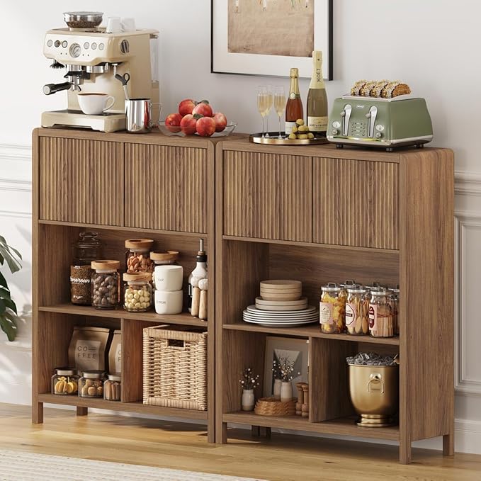 FATORRI Bookshelf with Storage, 5 Cube Bookcase with Doors, Farmhouse Wood Cube Storage Organizer for Home Office, Bedrooom, Living Room (Walnut)