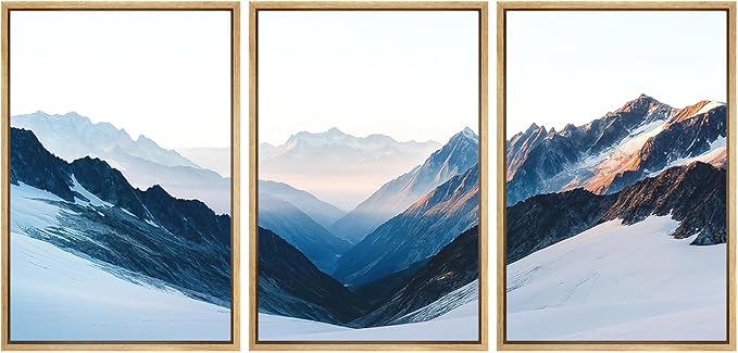 SIGNFORD Framed Wall Art Print Set Snowy Mountain Valley Majestic Winter Alpine Scene Digital Art Modern Art Contemporary for Living Room, Bedroom, Office - 16"x24"x3 Natural