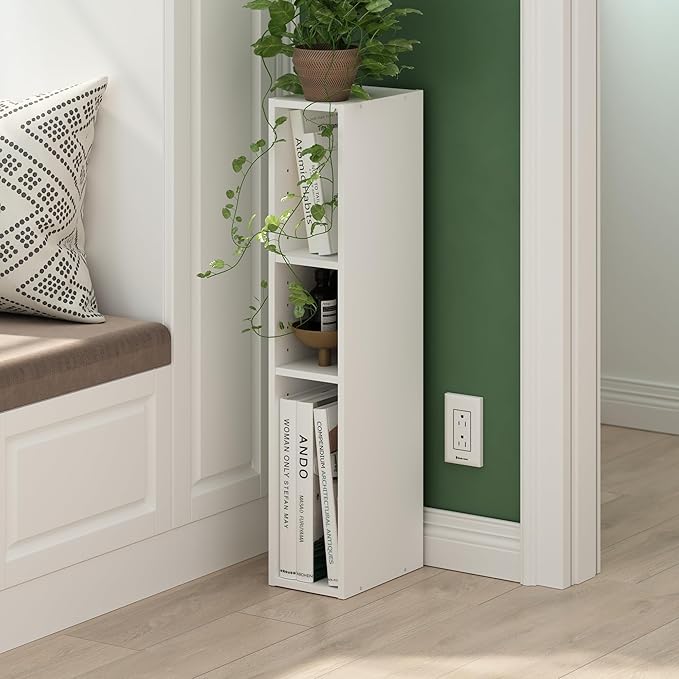 Furinno Fulda Book Shelf, 3-Tier Narrow Bookshelf, Bookcase with 6-in Width Storage Shelf, 9.3 x 5.9 x 31.5, for Living Room, Bedroom, Home Office, Plain White