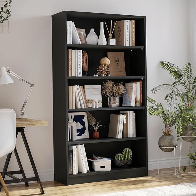 Bookcase Adjustable Storage Shelves,5-Tier Modern Wood Bookcase for Bedroom,60-Inch Bookshelf, Office, Living Room & Library(Black)