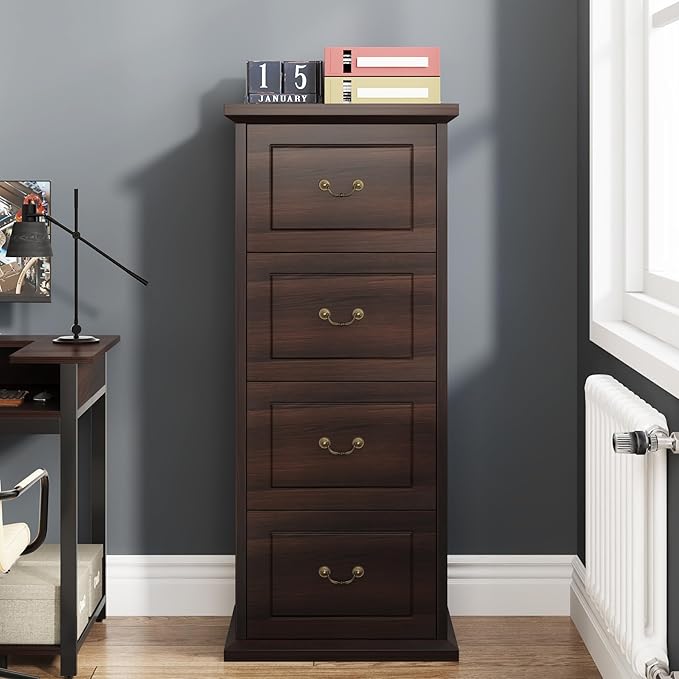 Tribesigns 4-Drawer File Filing Cabinet Set of 2, Vertical File Cabinet Hofice Wood Filing Cabinet for A4 /Letter Size Narrow Tall File Storage for Honhe Office, Walnut