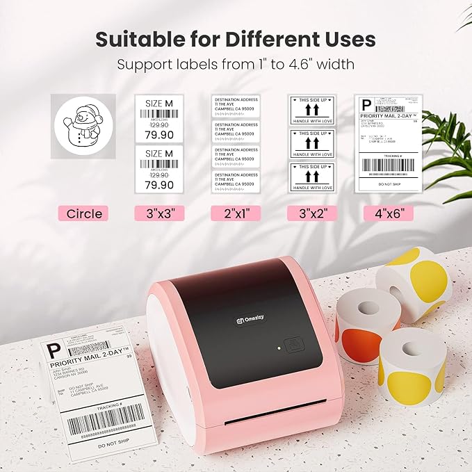 D520 Pink Shipping Label Printer 4x6&Label Holder with Adhesive Backing,Thermal Label Printer for Small Business, Shipping Packages, Home, Office, Compatible with USPS, Shopify, Amazon, Tiktok