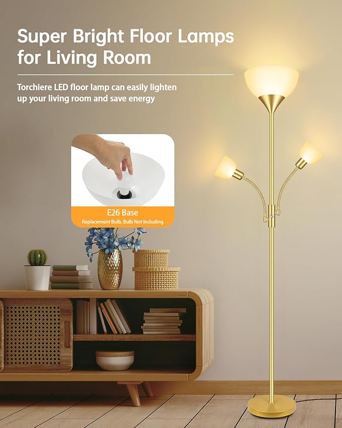 Floor Lamp, Torchiere Floor Lamps for Living Room, 71 Inch Tall Standing Lamp, Bedroom Lamps with Reading Light, Rotary Switch, 3 Plastic Lampshade, Torch Floor lamps for Bedroom (Gold, No Bulb)