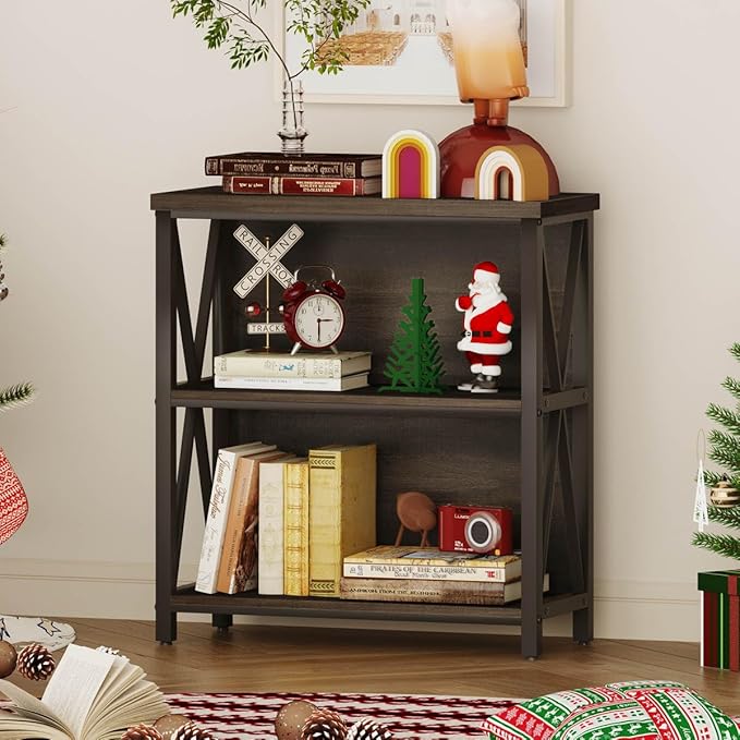 FATORRI Rustic Small Bookshelf for Small Space, Industrial Short Wood Bookcase, Farmhouse Low Book Shelf, 3 Tier Narrow Bookshelf for Living Room, Home Office, Hallway (Walnut Brown)