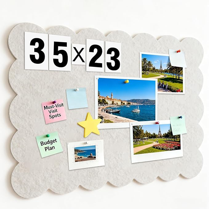 Hanging & Wall-Mounted Felt Bulletin Board with Scalloped Edges, Large Multi-Use Pin Board, Cork Board Alternative for Office, Includes Hanging Rope, Hardware, and Double-Sided Tape（35.4 * 23.6inch）
