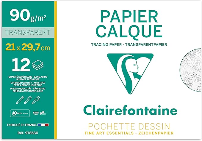 Clairefontaine - Ref 97853C - Tracing Paper (12 Sheets) - A4 Sized, 90/95g, High Transparency, Smooth Surface, Acid Free, Printable - Suitable for Ink, Marker & Pencil