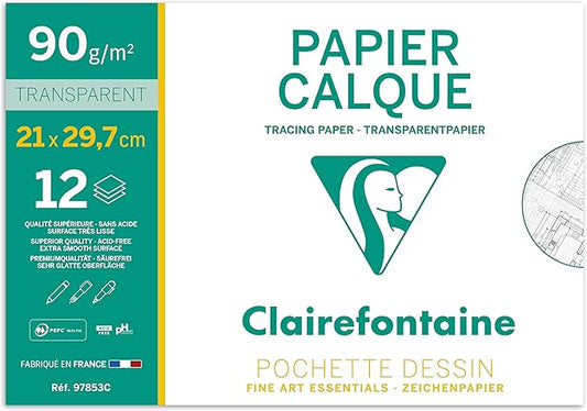 Clairefontaine - Ref 97853C - Tracing Paper (12 Sheets) - A4 Sized, 90/95g, High Transparency, Smooth Surface, Acid Free, Printable - Suitable for Ink, Marker & Pencil