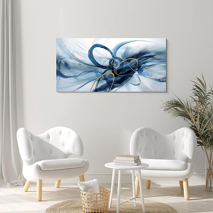 XLSJERST Abstract Wall Art for Living Room - Large Canvas Picture Blue and White Modern Minimalism Horizontal Artwork for Bedroom Office Home Decoration - 40x20 Inches