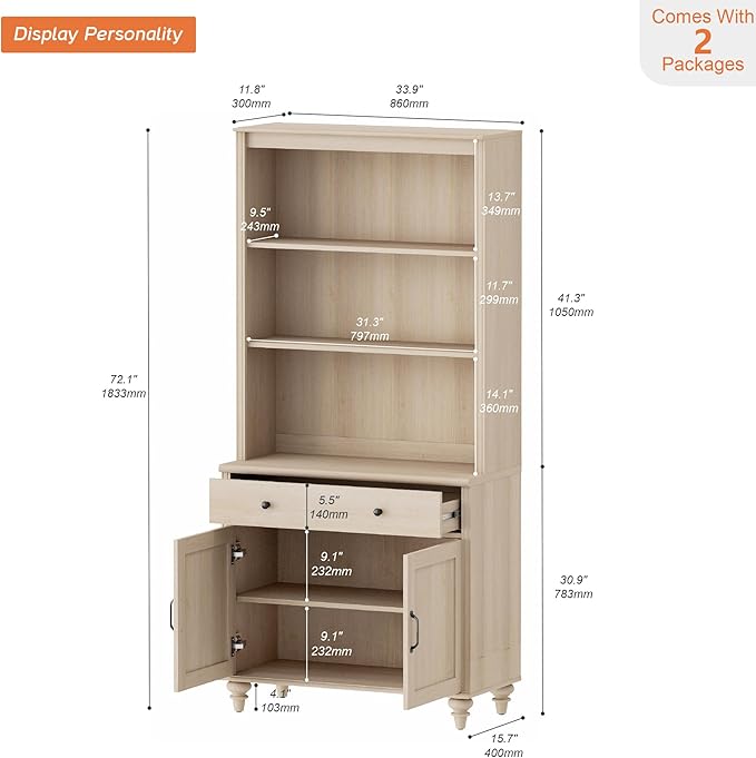 WAMPAT 5 Tier Bookshelf 72" Tall Bookcase with Doors & Drawer,Large Farmhouse Display Book Shelf with Storage Cabinet，Library Wood Bookshelves for Living Room,Kitchen, Light Oak