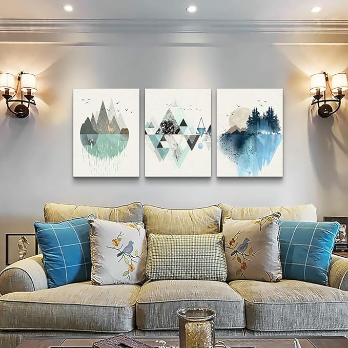 Abstract Geometry Mountain Canvas Art Paintings for Living Room, Family Bedroom, Office Decoration - Large Wall Decor Pictures, 16x24 Inch/3 Piece Set