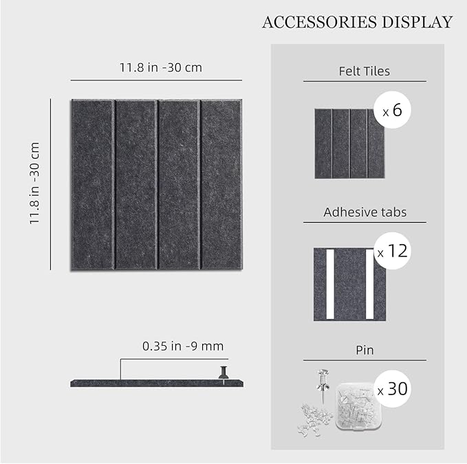 Large Cork Board Strips for Wall, 36" x 24" Bulletin Board, 6 Pack Fabric Wall Tiles with Pushpins, Adhesive Cork Board for Office, Sound Absorbing Bulletin Board Set for Home Music Class, Dark Gray