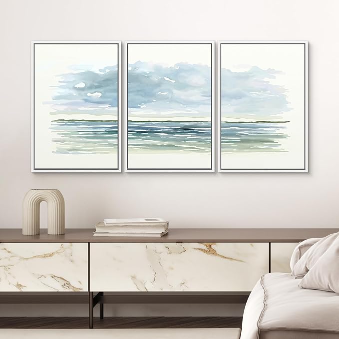 SIGNWIN Framed Canvas Print Wall Art Set Blue Watercolor Ocean Scene Coastal Beach Horizon Illustrations Modern Art Decorative Abstract for Living Room, Bedroom, Office - 16"x24"x3 White