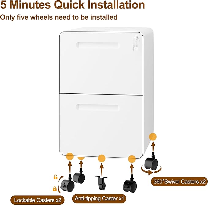 2 Drawers Metal Filing Cabinet with Lock, with 25 File Folders, Mobile Vertical Cabinet with Fully Assembled Except Casters, for Home Office, White