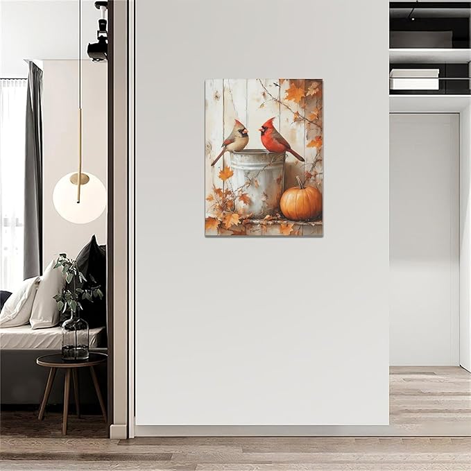 Fall Cardinal Wall Art Autumn Pumpkin Leaf Pictures Wall Decor Cardinals Canvas Painting Modern Artwork Home Decoration for Living Room Bathroom Bedroom Office Framed 12"x16"
