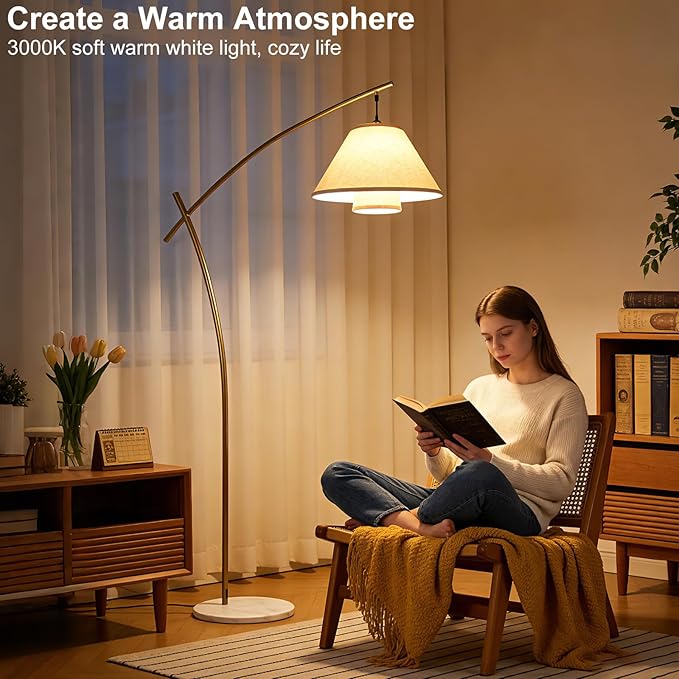 Lightdot Arc Floor Lamp for Living Room, Modern Standing Tall Lamps with Double Linen Lampshade, Tall Hanging Pole Lamp with Bulb Included for Bedroom Sofa Beside/Corner Decor - Gold