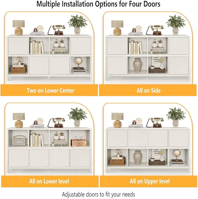 FATORRI Bookcase 8 Cube Storage Organizer, Horizontal Bookshelf with 4 Doors, Long Wooden Book Shelf for Living Room, Home Office (Antique White)
