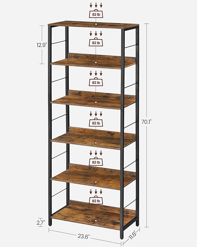 VASAGLE 6-Tier Bookshelf, Bookcase for Office, 11.8 x 23.6 x 70.1 Inches, Shelving Unit, with Back Panels, Industrial Style, for Living Room, Study, Home Office, Rustic Brown and Ink Black ULLS118B01
