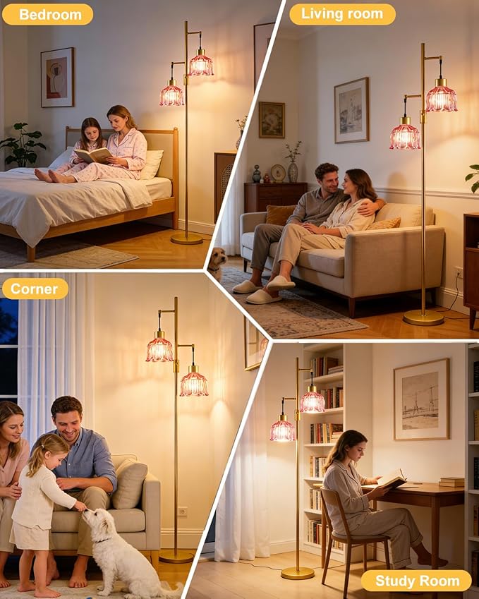 2-Light Gold Floor Lamp for Living Room, 65IN Tall Standing Lamps Dimmable with Rose Red Glass Lampshade, 3000K Warmwhite Mid Century Modern Floor Lamp for Bedroom/Office/Corner/Sofa Beside