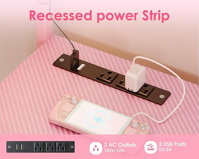 MOTPK L Shaped Gaming Desk with Drawers & LED Light & Power Outlet, 43" Reversible Computer Table with Shelves & Hooks for Home Office, Carbon Fiber Pink