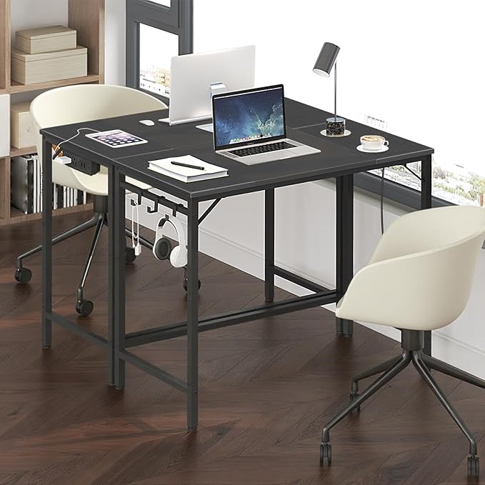 HOOBRO Computer Desk, Home Office Desk with Power Outlet, Modern Study Writing Desk with 3 Hooks for Study Room, Home Office, Sturdy and Stable, Easy to Assemble, Black BB40UDN01