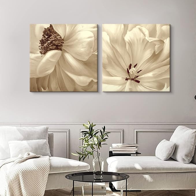SEVEN WALL ARTS Flower Canvas Wall Art 2 Pieces Neutral Beige Floral Pictures Elegant Blossom Flowers Poster Print for Living Room Bedroom Office Boho Decor 24"x24"