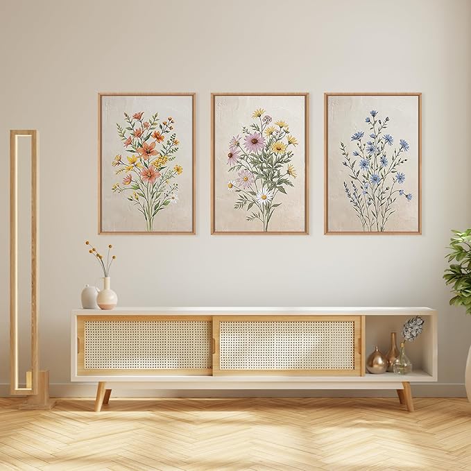 HPINUB Colorful Wildflower Canvas Framed Wall Art Set,Minimalist Botanical Floral Wall Decor,Vintage Flower Artwork,Modern Watercolor Boho Bouquet Art Print for Living Room,Bedroom,Farmhouse-16"x24"x3