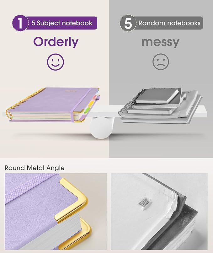 Hardcover Spiral Notebook 8.5"x11" Journal with Removable Dividers Tabs, 300 Pages Leather 5 Subject Notebook College Ruled, Large A4 Notebooks for Work School, Lined Journal for Women, A4 Purple